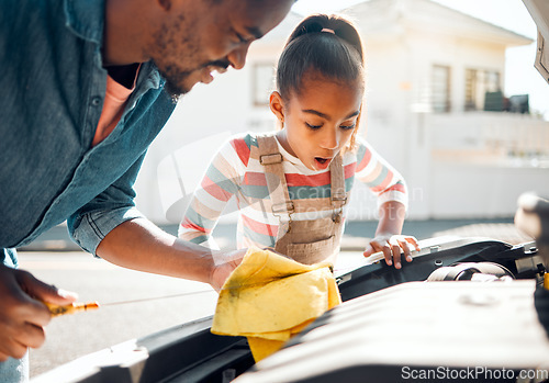 Image of Car problem, father and teaching child to change motor oil, mechanic repair and fix family vehicle outdoor. Black man and daughter or girl learning and bonding while working on engine for transport