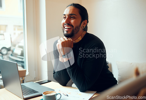 Image of Business, laptop and man with smile, thinking or planning for digital marketing, consultant or corporate deal. Male entrepreneur, boss or agent with happiness, online research or consulting in office