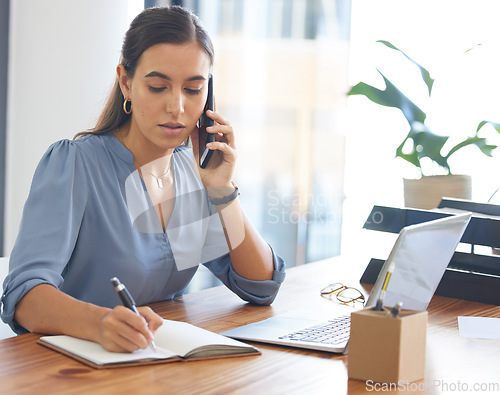 Image of Business, woman writing and phone call in office, conversation or confirm schedule. Female employee, assistant or administrator make notes, cellphone for connection or planning for marketing calendar