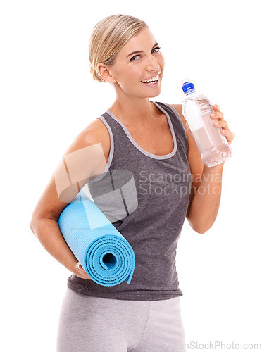 Image of Yoga, mat and portrait of woman with water bottle for body care hydration, fitness exercise or pilates studio workout. Healthcare wellness, training and health girl drinking water on white background