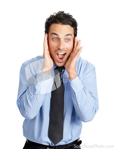 Image of Businessman, face or shocked with mouth open on studio background for company gossip, secret news or wow discount. Corporate worker, employee or surprised facial expression on white mock up backdrop