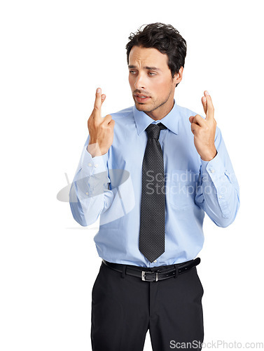 Image of Businessman hands, anxiety or fingers crossed on studio background mockup in new job or employment opportunity. Stress, nervous or luck hand gesture in hope, worry or wish change for corporate worker