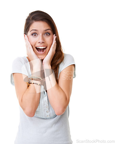 Image of Gasp. Wow, surprise and portrait with a woman in studio on a white background saying wow or omg in an expression of shock. Happy, surprised and shoked with an attractive young female looking excited.