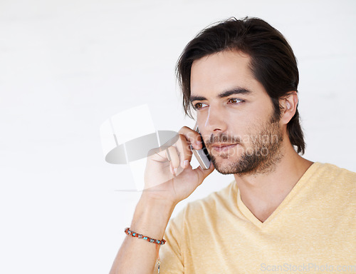 Image of Phone call communication, face and man talking, speaking or studio chat to digital mobile contact. Smartphone user mockup, conversation and networking model isolated on mock up white background wall