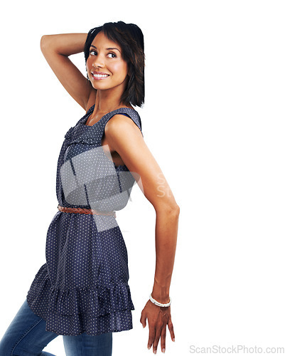 Image of Mockup, marketing and advertising with a black woman leaning on blank space in studio on a white background. Wall, product and branding with an attractive young female standing against mock up