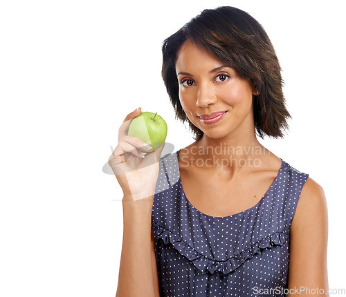 Image of Woman, studio portrait and apple for diet, lifestyle or low cholesterol with organic snack, health and white background. Black woman, face or green fruit for nutrition, energy or wellness by backdrop