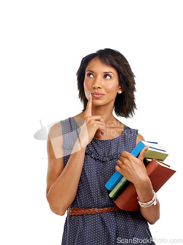 Image of Woman is thinking with books, teacher and education with teaching and learning against white background. Academy, school and learn with reading, knowledge and study, vision and academic growth