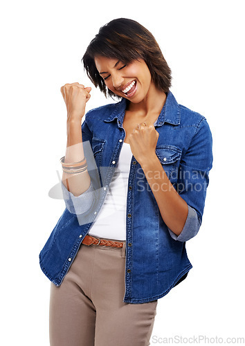 Image of Success celebration, winner and woman in studio isolated on a white background. Face, winning or happy, amazed and excited female model celebrate victory, triumph or goal achievement with eyes closed