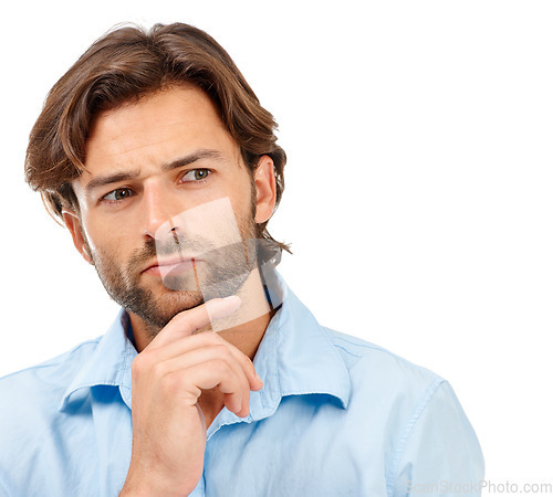 Image of Thinking, business man and face in studio isolated on a white background. Doubt, planning and male entrepreneur, ceo or manager focus, lost in thoughts and contemplating sales or advertising ideas.