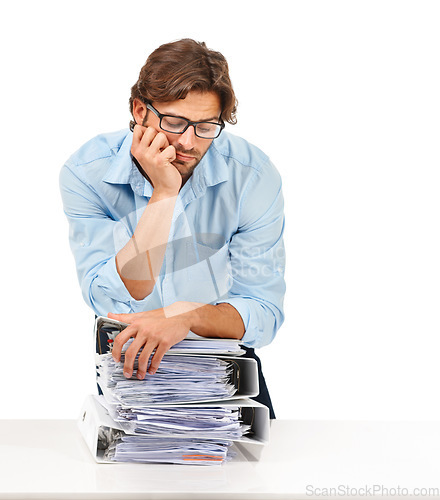 Image of Burnout, stress and businessman with stack of paperwork on desk for deadline, corporate project and report. Ideas, vision and tired employee thinking with pile of files, papers and documents on desk