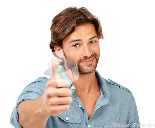 Image of Portrait, man and thumbs up with success and hand sign, yes and thank you with feedback against white background. Happy man with agreement, OK with motivation for winner and support vote