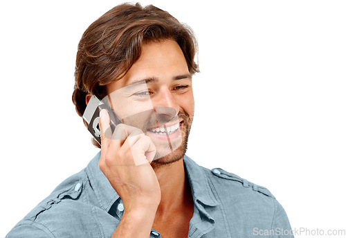 Image of Phone call, smile and face of businessman on a white background for talking, discussion and communication. Work in studio, b2b networking and entrepreneur in conversation, business deal and planning