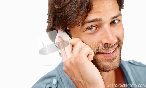 Image of Phone call, communication and face portrait of man talking, speaking or studio chat to digital mobile contact. Smartphone user, conversation discussion and happy model networking on white background