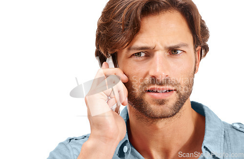 Image of Scam phone call, confused and businessman on a white background for talking, discussion and communication. Corporate spam, networking and entrepreneur with stress, issue and problem on mobile phone