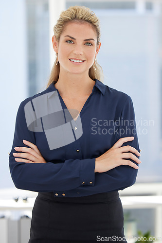 Image of Success, leadership and portrait of business woman with crossed arms for motivation, mission and corporate vision. Ceo, manager and female entrepreneur with confidence, ideas and goals in workplace