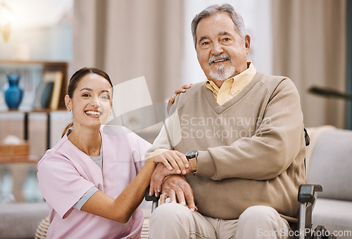 Image of Healthcare, disability and man in wheelchair with nurse in retirement or nursing home with smile on face. Senior care, happy disabled grandpa and woman caregiver with in living room at home in Mexico