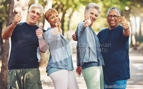 Image of Senior fitness group, thumbs up and portrait with smile, diversity and happiness in park for wellness. Happy workout friends, retirement and hand gesture for motivation, teamwork and focus for health