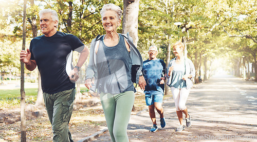 Image of Senior runner group, park and fitness for smile, teamwork or motivation for wellness in summer sunshine. Happy elderly couple, friends or running team by trees for exercise, health or outdoor workout