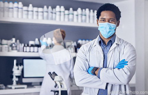 Image of Science, covid and portrait of man in laboratory, leadership and motivation in vaccine development in South Africa. Healthcare, phd scientist or black man pharmacist with innovation in lab research