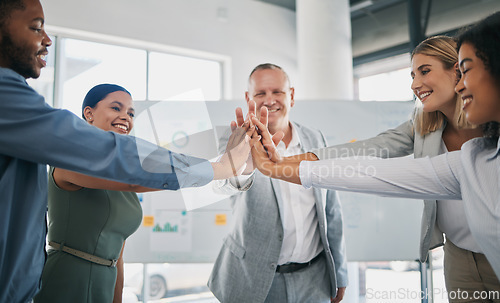 Image of High five, diversity team celebration and business people celebrate financial profit success. Team building meeting, infographics or worker collaboration workforce happy with target goals achievement