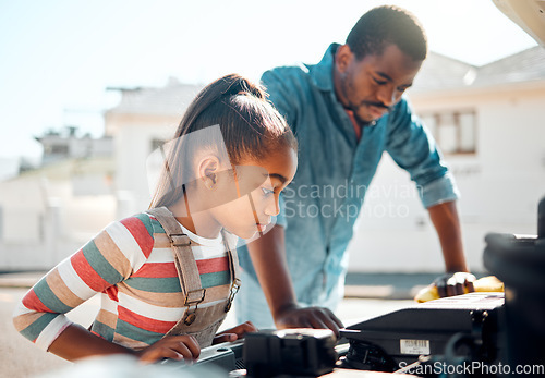 Image of Black man, car problem and teaching child mechanic repair to fix family vehicle outdoor in neighborhood. Dad and daughter or girl learning, bonding and working on engine after accident or road trip