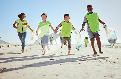 Image of Fun children, plastic bag or beach cleaning, trash collection run or waste management in ocean clean up education or community service. Happy kids, climate change or volunteering for nature recycling