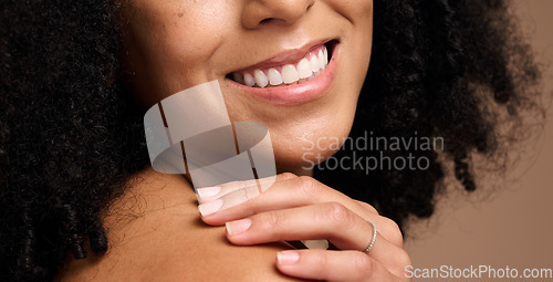 Image of Dental, face beauty and teeth of black woman in studio isolated on a brown background. Makeup, skincare and cosmetics of happy female model with veneers, teeth whitening and invisalign for wellness.