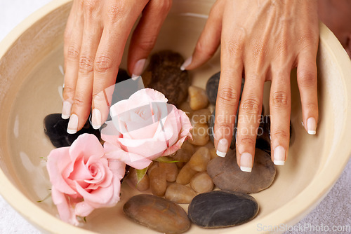 Image of Skincare, flowers and hands of woman in water bowl for cleaning or hygiene. Floral therapy, spa treatment and female soak hand and washing with pink roses and stones for detox, beauty and manicure.