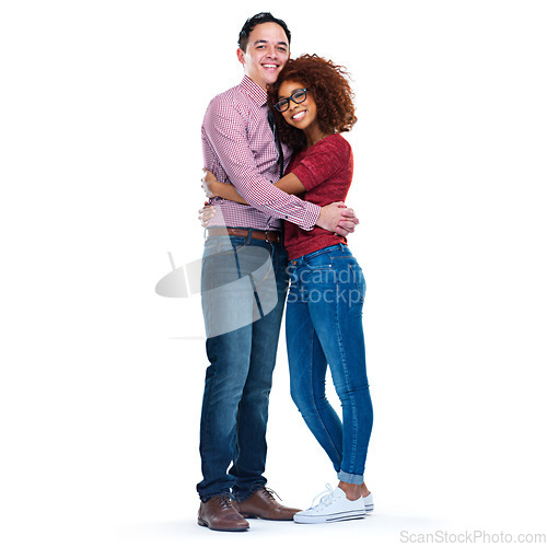 Image of Happy couple, love and portrait of a hug, care and support while isolated on white background together. Interracial man and woman with free space for advertising happiness, marriage and partnership