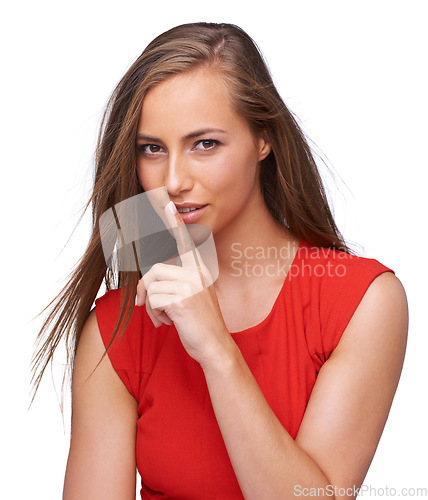 Image of Woman, finger and lips in studio portrait with sexy, secret and flirt gesture by white background. Model, face and hand sign for silence, quiet and isolated with red, fashion dress and natural beauty