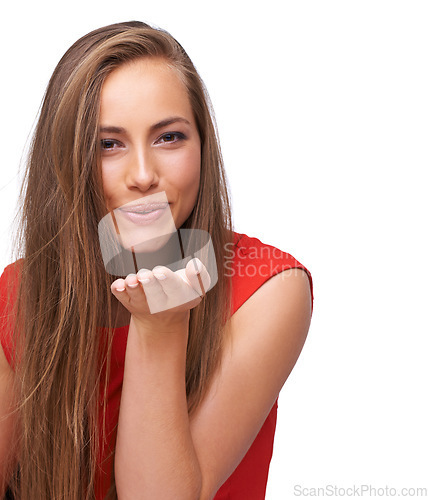 Image of Woman, kiss and love portrait with isolated white background to show happiness with mockup. Romantic, beauty and hand blowing kisses of a young model feeling beautiful and happy in studio mock up