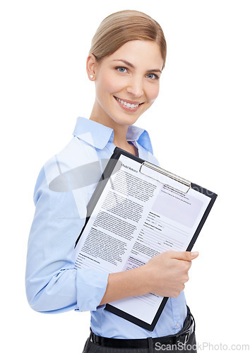 Image of Business woman, portrait and contract clipboard on isolated white background for cv review, recruitment or job interview. Smile, happy or human resources worker with paper documents for we are hiring