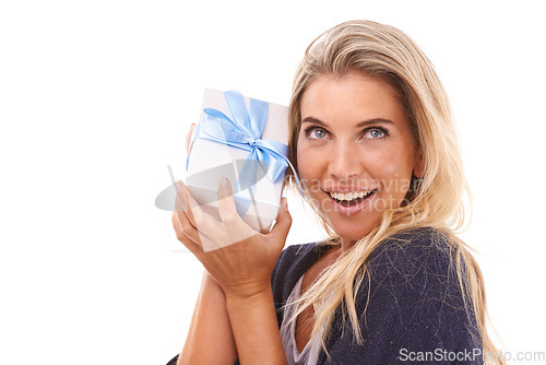 Image of Gift box, wonder and studio face of woman with surprise birthday present, luxury sales product or Christmas gift box. Shopping mock up, ribbon and happy model girl isolated on mockup white background