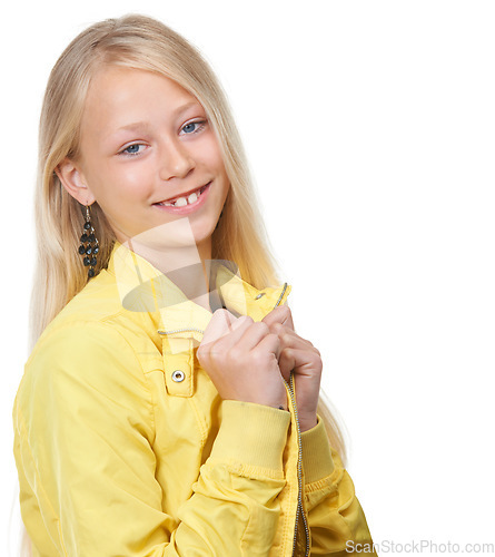 Image of Happy, smile and portrait of a girl child in a studio with a trendy, cool and stylish teenager outfit. Beauty, happiness and face of a beautiful young kid model by white background with mockup space.