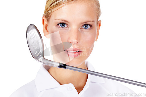 Image of Golf, sports and portrait of a woman in studio for exercise, fitness training and golfing motivation. Face of female golfer holding golf club while ready for a competition or game on white background