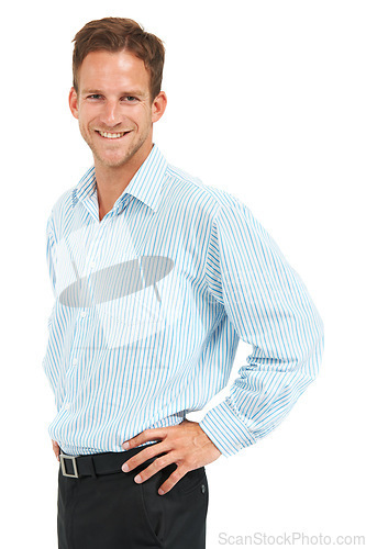 Image of Portrait, happy businessman and smile on studio background, leadership and trust in Australia. Male model, corporate manager and professional worker on white background for career management success