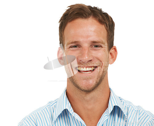 Image of Portrait, laughing businessman and face with white background, leadership and trust in Australia. Happy male model, corporate manager and professional worker in studio for smile, job and ceo success