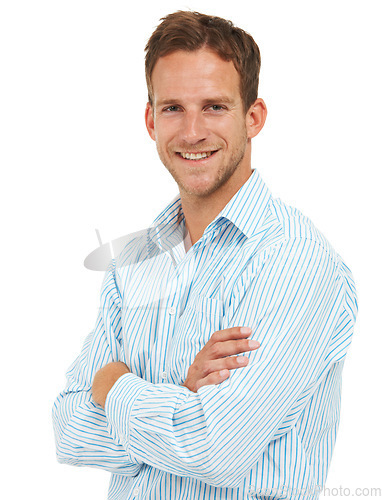 Image of Portrait, businessman and arms crossed for success with white background, leadership or trust in Australia. Happy male model, corporate manager and professional worker on studio background with smile