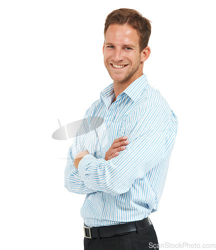 Image of Portrait, happy businessman and arms crossed with white background, leadership and trust in Australia. Happy male model, corporate manager and professional worker on studio background for ceo success