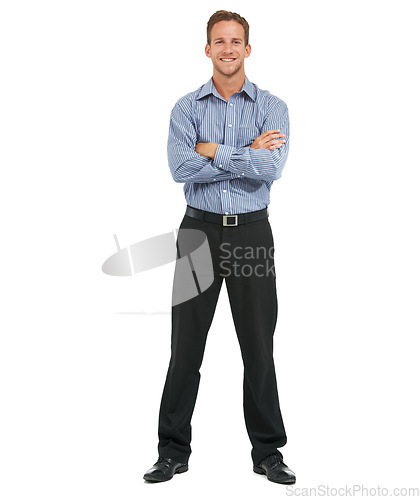 Image of Portrait, leadership and businessman with arms crossed in studio in Australia. Happy male model, corporate manager or professional worker on white background of success, management or employee vision