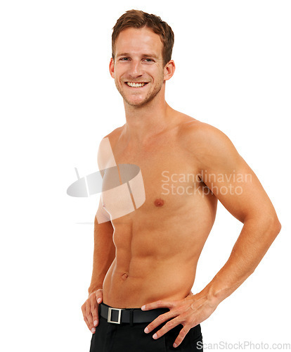 Image of Fitness, portrait and man in studio for wellness, health and exercise, topless on white background. Face, sports and guy posing with abs, muscle and training, workout and cardio routine with mockup