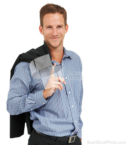 Image of Fashion, portrait and businessman with trendy jacket in studio, smile and happy on white background. Face, entrepreneur and male clothing for success with business vision, idea and mindset on mockup