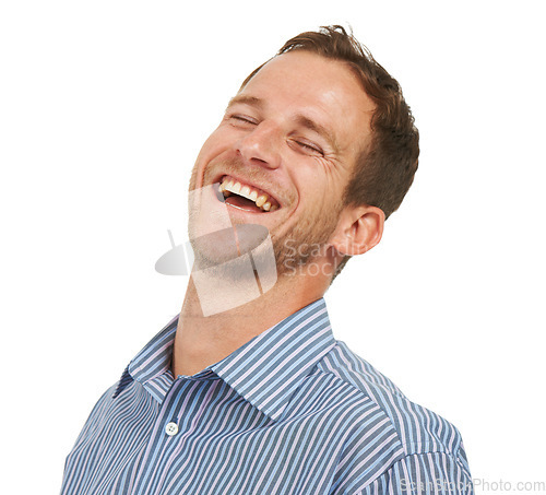 Image of Face, funny and laughing businessman in studio for happy joke, comic and happiness. Smile, comedy and confident worker on white background for crazy meme, corporate success and executive motivation