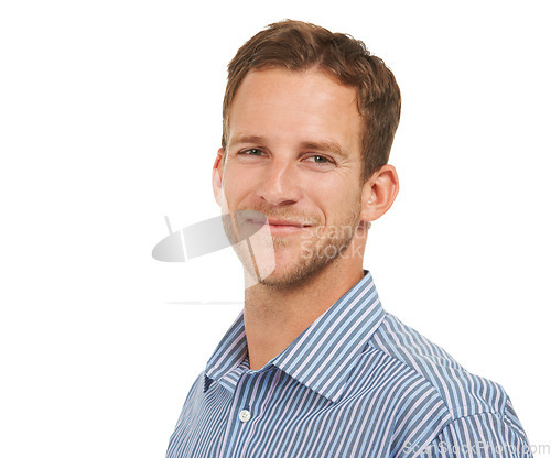 Image of Portrait, business man and face with white background, leadership and trust in Australia. Happy male entrepreneur, studio manager and professional corporate worker, ceo and smile for career success