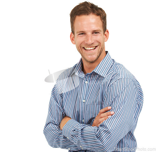 Image of Young, happy and corporate portrait of businessman with arms crossed and cheerful mindset with smile for advertising. Happiness of handsome worker at white studio background with mockup.