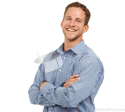 Image of Im your man. Proud, happy and confident portrait of businessman with arms crossed and cheerful mindset with smile for advertising. Happiness of handsome worker at white studio background with mockup.