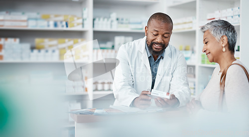 Image of Pharmacy, medicine and senior woman consulting pharmacist on prescription. Healthcare, shopping and elderly female in consultation with medical worker for medication box, pills or product in store.