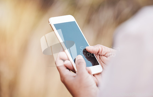 Image of Smartphone, hands and mockup with technology and communication, online chat or email with social media. Contact, connection and mobile app with phone and marketing for mobile, tech and 5g network