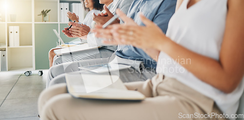 Image of Business, conference and applause from group of people happy at workshop or kpi target presentation for startup growth. Hands clapping, men and women in audience at tradeshow clap in celebration.