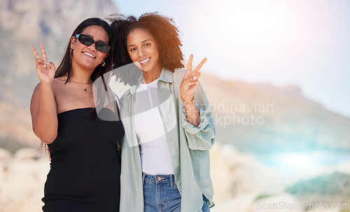 Image of Women, friends and sign for peace, smile and travelling for vacation, holiday and bonding. Females, girls or hands for sign language, harmony or summer break for bonding, loving or happiness to relax